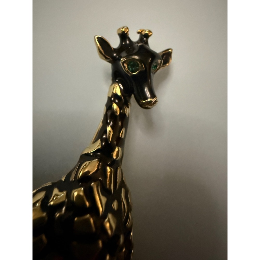 Vintage Giraffe Brooch Gold Tone Black Enamel Green Rhinestone Eye Animal Pin